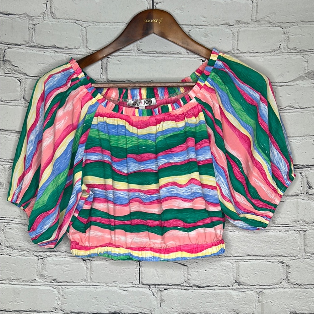 Joy Joy Pink Green Striped Shot Sleeve Cropped Top Size Small